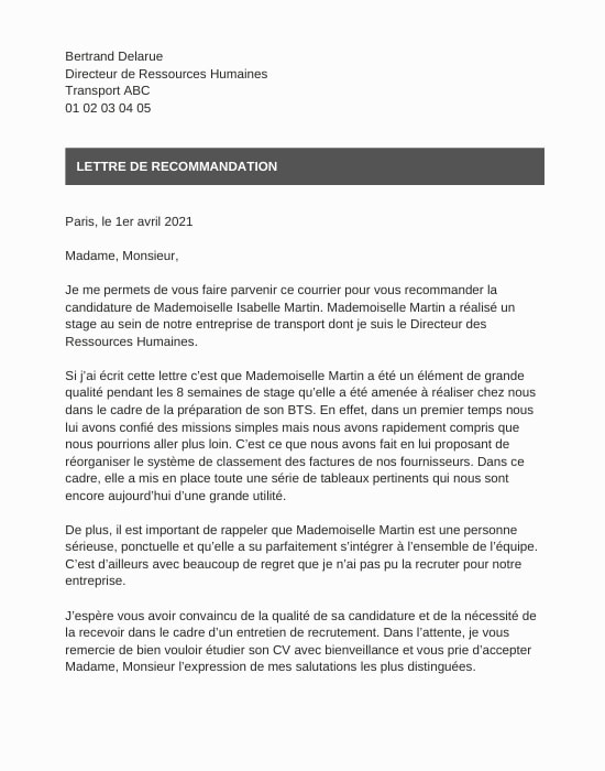 Redaction Lettre De Recommandation Exemples Modele